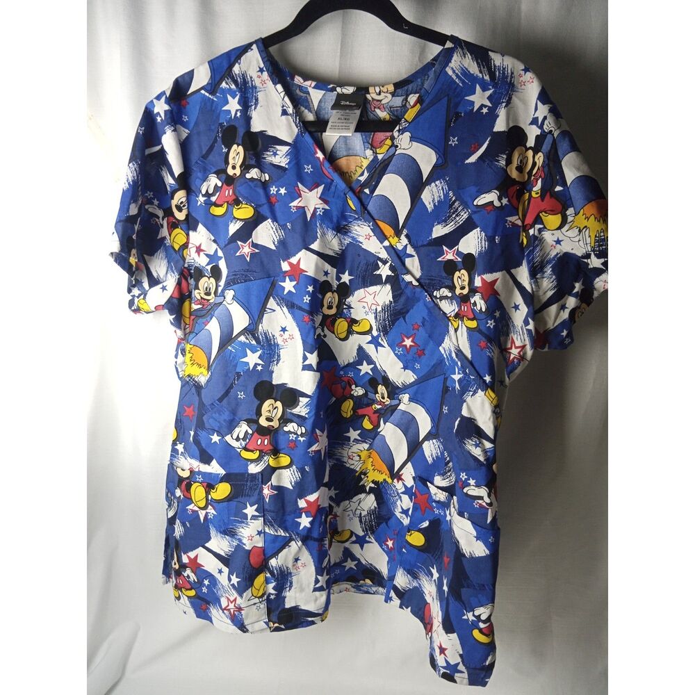 Disney Mickey Mouse Scrub Top Women XL Patriotic Stars Fireworks Blue Red White